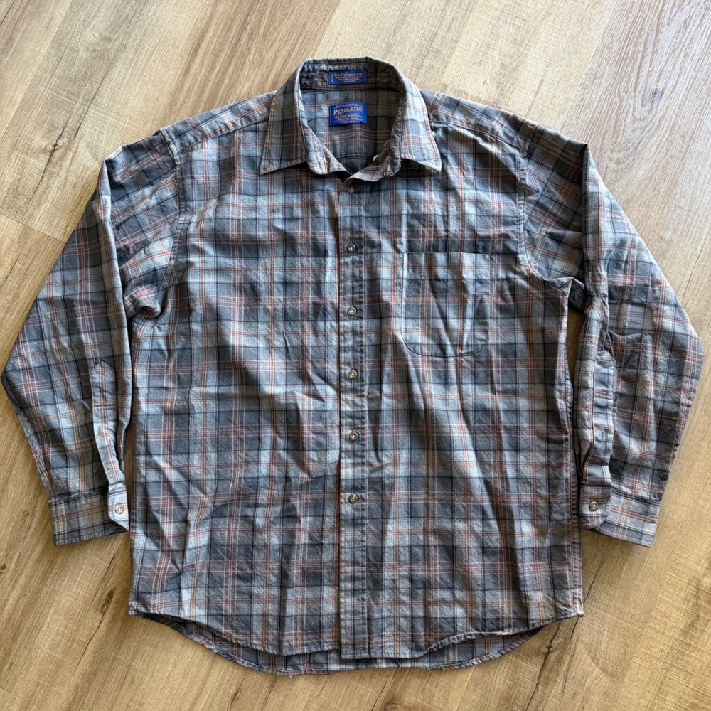 Sir Pendleton Mens Worsted Wool Plaid Button Down Shirt Grey Orange Large